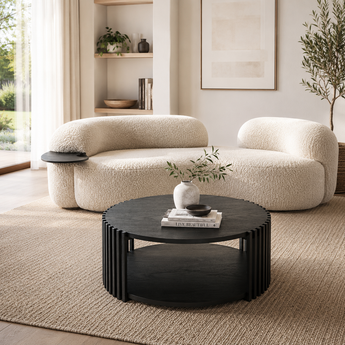 🟢 IN STOCK 0.8M Luxe Ribbed Solid Oak Wood Coffee Table – Black