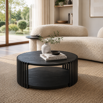 🟢 IN STOCK 0.8M Luxe Ribbed Solid Oak Wood Coffee Table – Black