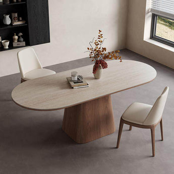 ANKA Modern Luxury Travertine Sintered Stone Malaysian Oak Solid Wood Dining Table