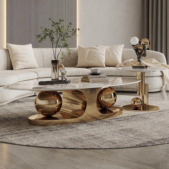 Theia Modern Luxury Gold Marble Top Round Coffee Table Set