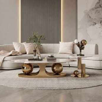 Theia Modern Luxury Gold Marble Top Round Coffee Table Set