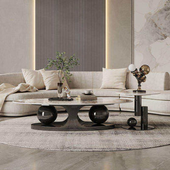 Theia Modern Luxury Grey Marble Top Round Coffee Table Set