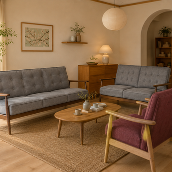 🟢 IN STOCK 5 Piece Living Room SET BAJA SOFA and Coffee Table Malaysian Oak Solid Wood 7-Seater Grey Maroon Velvet Fabric