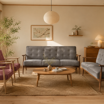 🟢 IN STOCK 5 Piece Living Room SET BAJA SOFA and Coffee Table Malaysian Oak Solid Wood 7-Seater Grey Maroon Velvet Fabric