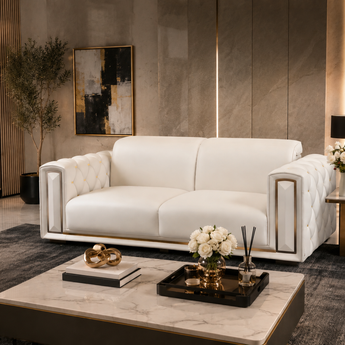 🟢 IN STOCK 1.7M Beirut Modern Italian Luxury Leather Oat Upholstery Two-Seater Sofa Set
