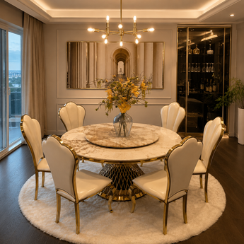 Modern Italian Luxury 6 Seater Dining SET DANSE 1.5M Round Marble Top Table with Lazy Susan and 6 Ariel Leather Upholstery Chair SET