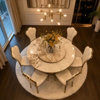Modern Italian Luxury 6 Seater Dining SET DANSE 1.5M Round Marble Top Table with Lazy Susan and 6 Ariel Leather Upholstery Chair SET