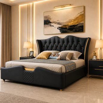 Black Majestic 3 Piece Bedroom Set Modern Italian Luxury Gas Lifting Bedframe with 2 Side Tables