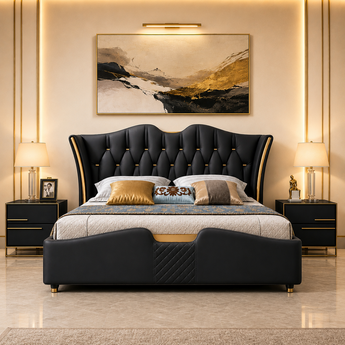 Black Majestic 3 Piece Bedroom Set Modern Italian Luxury Gas Lifting Bedframe with 2 Side Tables