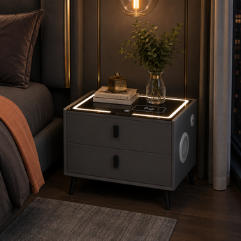 🟢 IN STOCK Black Leather Smart Side Table Wireless Charger Top with Dual Bluetooth Speaker
