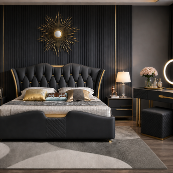 🟢 IN STOCK Signature Luxury 4 Piece Majestic Black Leather Upholstery Gas Lifting Bedroom Suite Set