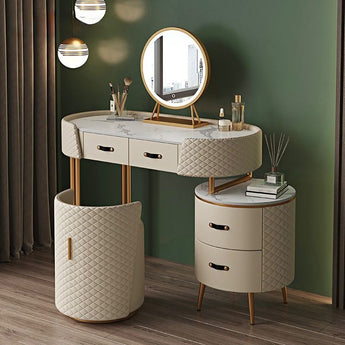 Extendable Bottega 3 Piece Marble Top Leather Upholstery Luxury Dressing Table Vanity Set