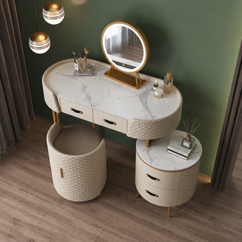 Extendable Bottega 3 Piece Marble Top Leather Upholstery Luxury Dressing Table Vanity Set