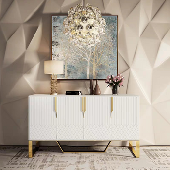 1.5M Majestic Modern Luxury White Tempered Glass Top Solid Wood Sideboard Cabinet Buffet