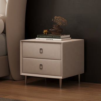 Modern Luxury Taupe Brown Silver Frame Two-Drawer Leather Nightstand Side Table