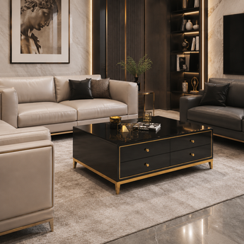 Classic Black Modern Italian Luxury High Gloss Paint Cabinet Coffee Table with Drawers