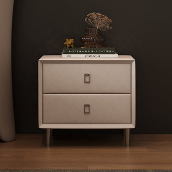 Modern Luxury Taupe Brown Silver Frame Two-Drawer Leather Nightstand Side Table