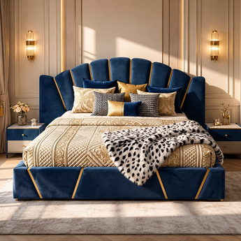 Cleopatra KING Bedroom SET Modern Italian Luxury Big Headboard Blue Velvet Upholstery with Side Tables