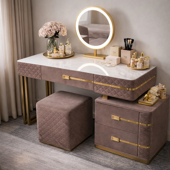 La Parisienne 4 Piece Marble Top COCO Velvet Suede Upholstery Vanity Dressing Table Set