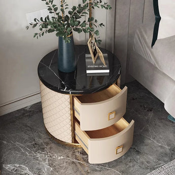 🟢 In Stock-Crest Round Stone Top Leather Upholstery Nightstand