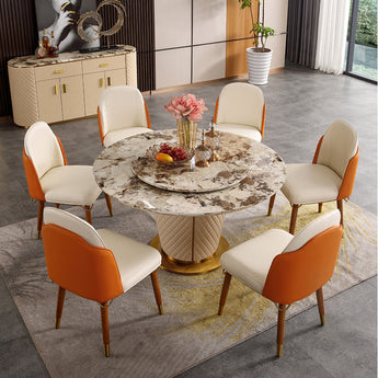Signature Milan Round Marble Top Leather Luxury Dining Table with Lazy Susan