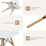 White chair with wooden legs on a white background, featuring text about stability, non-slip mat, and material safety.
