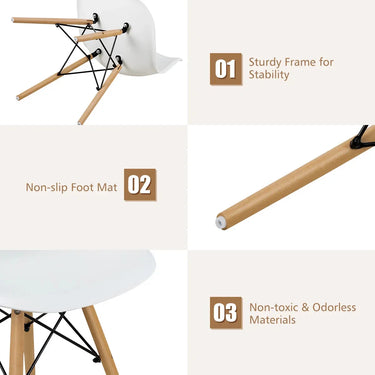 White chair with wooden legs on a white background, featuring text about stability, non-slip mat, and material safety.