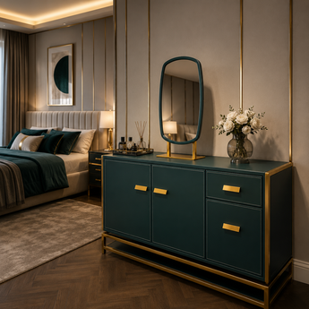 🟢 IN STOCK 1.5M Italian Luxury Emerald Leather Upholstery Top Bedroom Dresser Sideboard Buffet