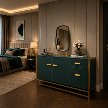 🟢 IN STOCK 1.5M Italian Luxury Emerald Leather Upholstery Top Bedroom Dresser Sideboard Buffet