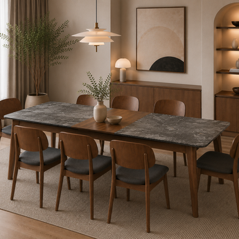 🟢 IN STOCK 9 Piece Dining SET Modern Luxury 2M Extendable Table Black Granite Top and 8 Chairs Malaysian Oak Solid Wood