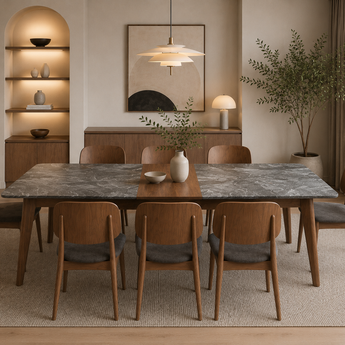 🟢 IN STOCK 9 Piece Dining SET Modern Luxury 2M Extendable Table Black Granite Top and 8 Chairs Malaysian Oak Solid Wood