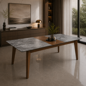🟢 IN STOCK 2M FORTIS Granite Stone Marble Top Walnut Malaysian Solid Oak Wood Extendable Dining Table