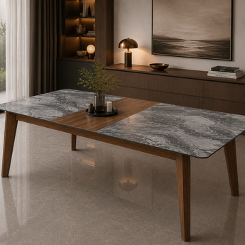 🟢 IN STOCK 2M FORTIS Granite Stone Marble Top Walnut Malaysian Solid Oak Wood Extendable Dining Table