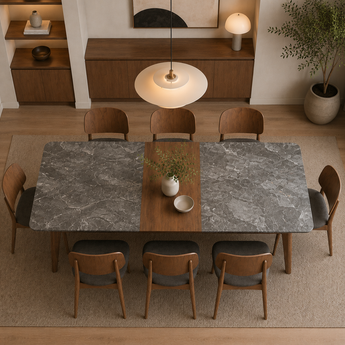 🟢 IN STOCK 9 Piece Dining SET Modern Luxury 2M Extendable Table Black Granite Top and 8 Chairs Malaysian Oak Solid Wood