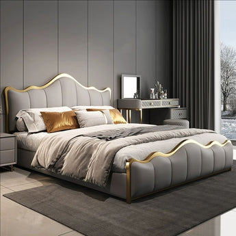 Frances Solid Wood Upholstered Yosemite Grey Leather Bedframe