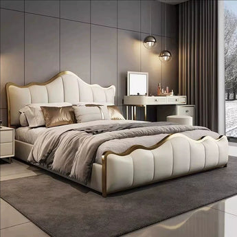 Frances Solid Wood Upholstered French Vanilla Leather Bedframe