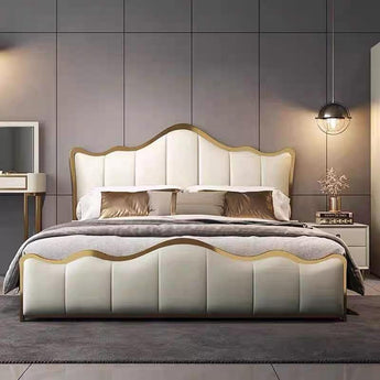 Frances Solid Wood Upholstered French Vanilla Leather Bedframe