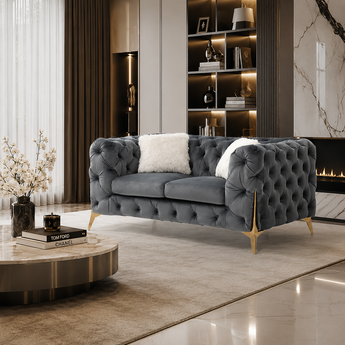 🟢 IN STOCK-2 Seater Chesterfield Luxury Loveseat Sofa Set Velvet Sofa – Space Grey