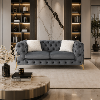 🟢 IN STOCK-2 Seater Chesterfield Luxury Loveseat Sofa Set Velvet Sofa – Space Grey