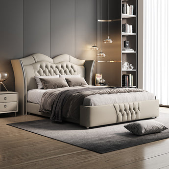 🟢 IN STOCK Dreamscape Solid Wood Upholstered Luxury Leather Silver Brushed Bedframe