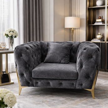 🟢 IN STOCK-1 Seater Luxury Chesterfield Tufted Arm Chair Sofa Lounge Set in Yosemite Grey Velvet with Bluetooth Speaker