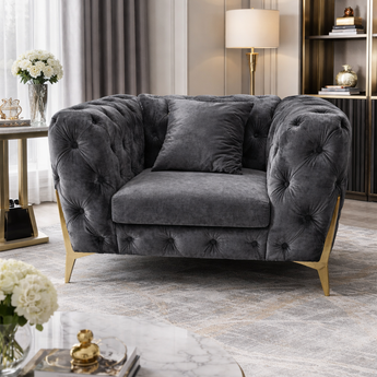 🟢 IN STOCK-1 Seater Luxury Chesterfield Tufted Arm Chair Sofa Lounge Set in Yosemite Grey Velvet with Bluetooth Speaker
