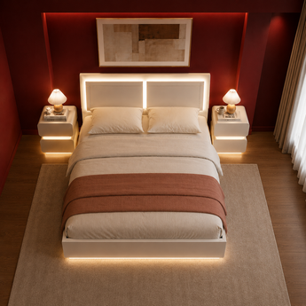 🟢 IN STOCK LED Moonstone Gas Lifting 3 Piece Bedroom Set Modern Luxury White High Gloss with 2 Heaven Smart Side Table