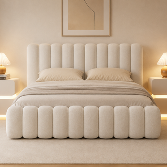 🟢 NEW IN STOCK 3 Piece KING GAS LITING Storage Tiramisu Boucle Fabric Bedroom Set with 2 LED Bedside Table Scandinavian Luxury