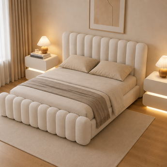 🟢 NEW IN STOCK 3 Piece KING GAS LITING Storage Tiramisu Boucle Fabric Bedroom Set with 2 LED Bedside Table Scandinavian Luxury