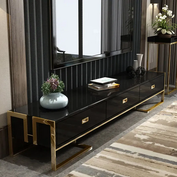 Hermosa Luxury Living Tempered Glass Top High Gloss Paint Cabinet TV Stand Unit