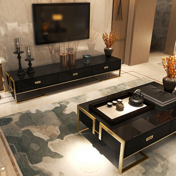 Hermosa Luxury Living Tempered Glass Top High Gloss Paint Cabinet TV Stand Unit