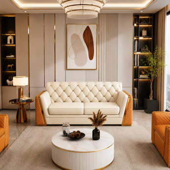 🟢 IN STOCK 1.6M IBIZA Modern Italian Luxury Leather Orange Upholstery 2-Seater Loveseat Sofa Set