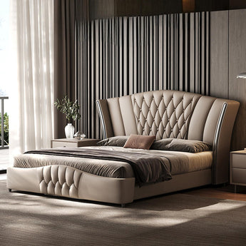 Imperial Luxury Upholstered Leather Solid Wood Silver Brushed Bed Frame