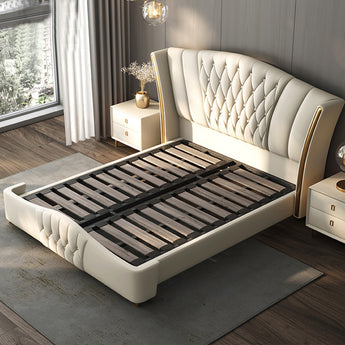 Imperial White Luxury Upholstered Leather Solid Wood Gold Brushed Bed Frame